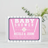Roze Blauw & Wit Gestreept Honkbal Baby Shower Kaart (Staand voorkant)