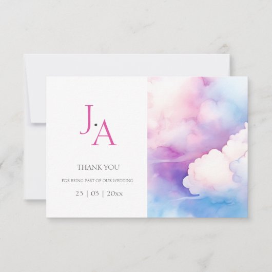 Roze Blauw Wit Wolken Monogram Bruiloft Dank u (Voorkant)