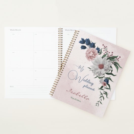roze blauw witte bloemige groene bruiloft planner (Display)