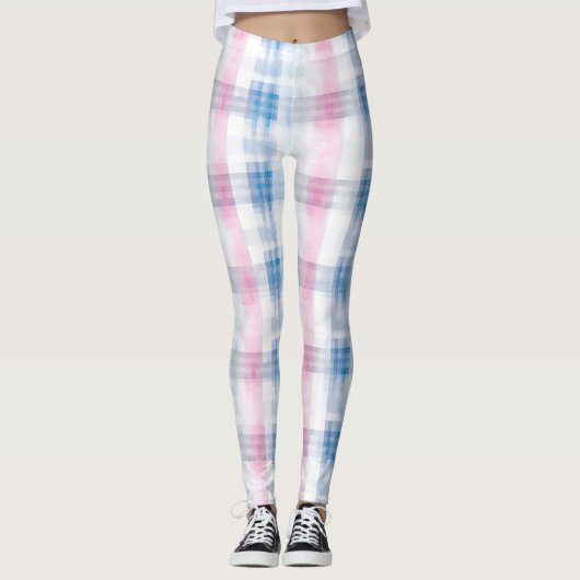 Roze Blauw Witte Geruite Strepen Leggings (Voorkant)