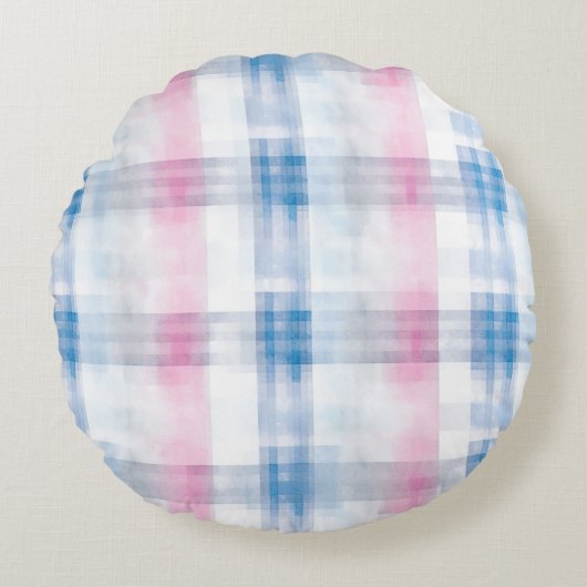 Roze Blauw Witte Geruite Strepen Rond Kussen (Voorkant)