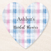 Roze Blauw Witte Gestreepte Plaid Bruiloftsshower Kartonnen Onderzetters (Voorkant)
