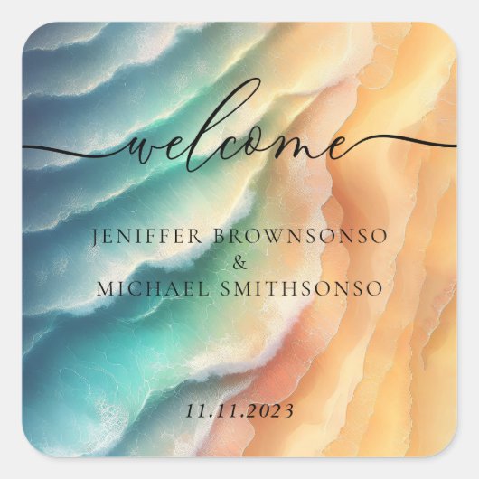 Roze Blauw Zand Ocean Beach Signature Sun Vierkante Sticker (Voorkant)