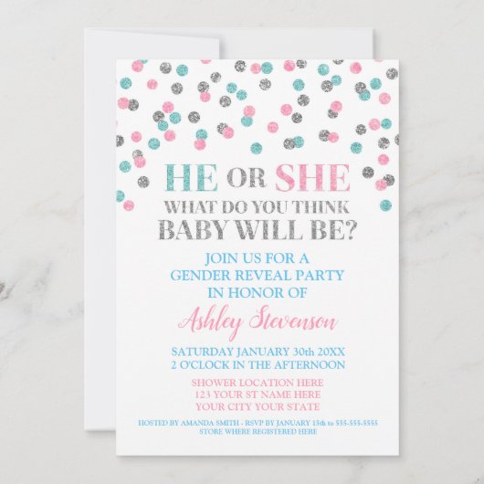 Roze Blauw Zilveren Confetti Geslacht Reveal Showe Kaart (Achterkant)