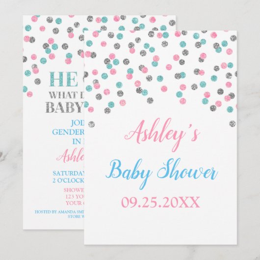 Roze Blauw Zilveren Confetti Geslacht Reveal Showe Kaart (Voorkant / Achterkant)