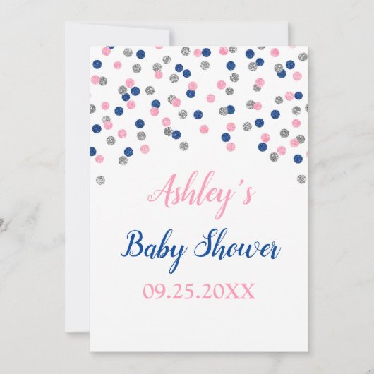 Roze Blauw Zilveren Confetti Geslacht Reveal Showe Kaart (Voorkant)