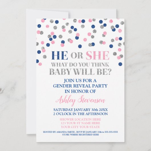 Roze Blauw Zilveren Confetti Geslacht Reveal Showe Kaart (Achterkant)