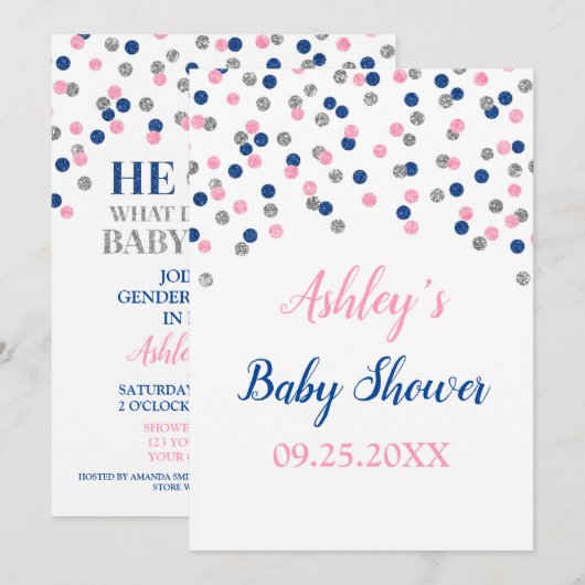 Roze Blauw Zilveren Confetti Geslacht Reveal Showe Kaart (Voorkant / Achterkant)