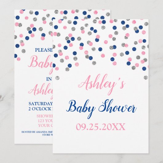 Roze Blauw Zilveren Confetti Geslachtsneutrale Dou Kaart (Voorkant / Achterkant)