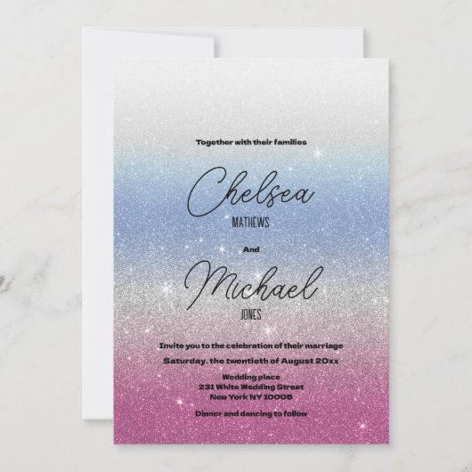 Roze blauw zilveren ombre glam glitter bruiloft kaart (Voorkant)
