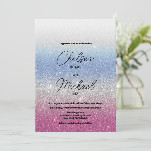 Roze blauw zilveren ombre glam glitter bruiloft kaart (Staand voorkant)