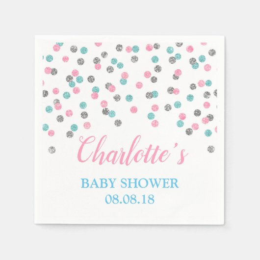 Roze Blauw Zilveren Stippen Baby shower servetten (Voorkant)