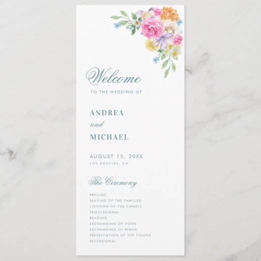 Roze Blauw Zomer Bloemen Levendige Bloom Bruiloft Programmakaart (Voorkant)