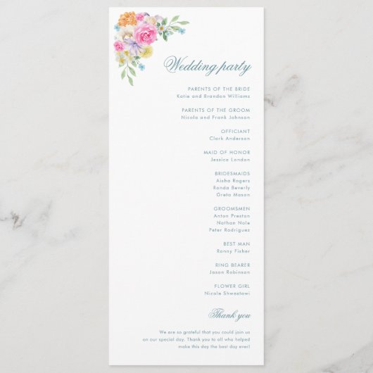 Roze Blauw Zomer Bloemen Levendige Bloom Bruiloft Programmakaart (Achterkant)