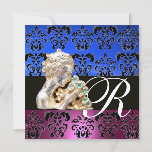 ROZE, BLAUW, ZWART, PAARS, DAMAST JEWEL MONOGRAM KAART (Voorkant)