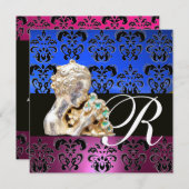 ROZE, BLAUW, ZWART, PAARS, DAMAST JEWEL MONOGRAM KAART (Voorkant / Achterkant)