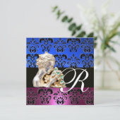 ROZE, BLAUW, ZWART, PAARS, DAMAST JEWEL MONOGRAM KAART (Staand voorkant)