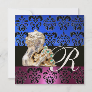 ROZE, BLAUW, ZWART, PAARS, DAMAST JEWEL MONOGRAMME KAART