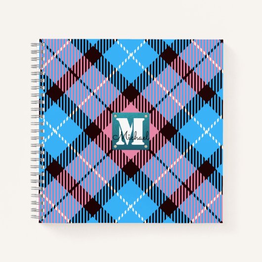 Roze blauwdruk Tartankelleder Monogram Naam Notitieboek (Voorkant)