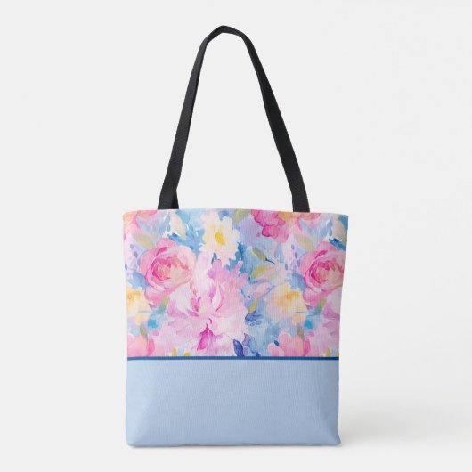 Roze, Blauwe Abstracte Waterverf Bloemen Kleurenbl Tote Bag (Achterkant)