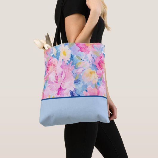 Roze, Blauwe Abstracte Waterverf Bloemen Kleurenbl Tote Bag (Dichtbij)