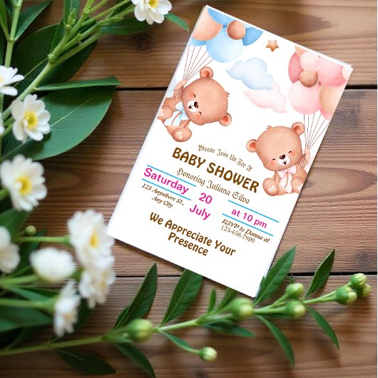 Roze Blauwe Aquarel Babyshower Uitnodiging