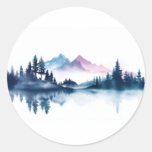 Roze & Blauwe Aquarel Bergen & Donkere Dennenbomen Ronde Sticker