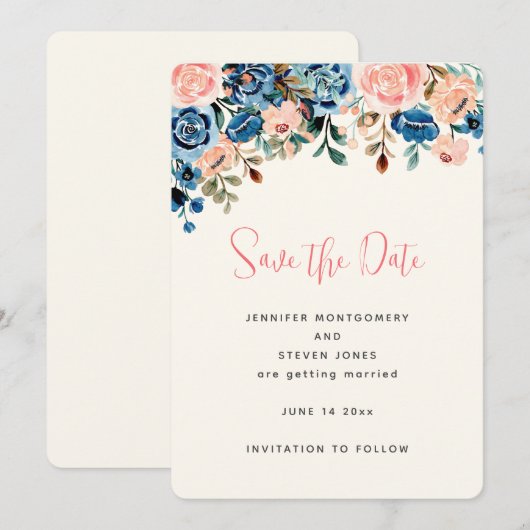 Roze & Blauwe Aquarel Bloemen Bruiloft Save The Date (Voorkant / Achterkant)