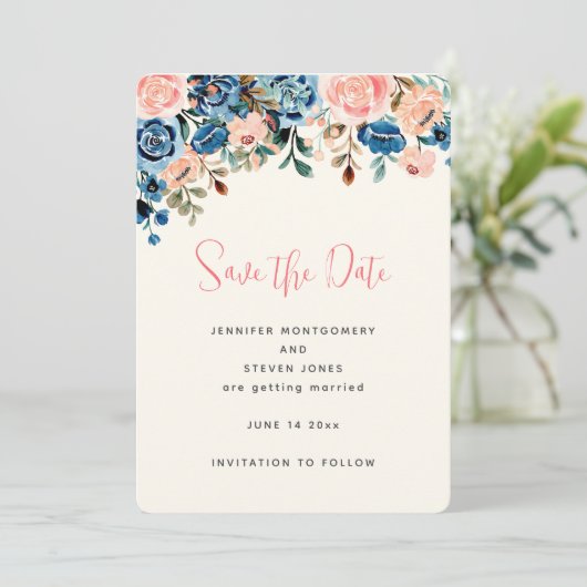 Roze & Blauwe Aquarel Bloemen Bruiloft Save The Date (Staand voorkant)
