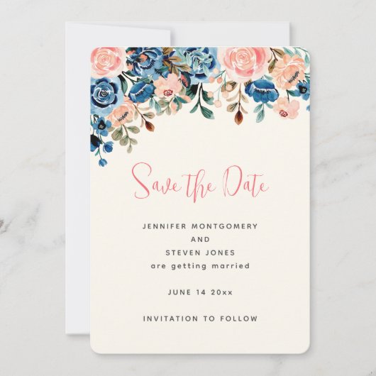Roze & Blauwe Aquarel Bloemen Bruiloft Save The Date (Voorkant)
