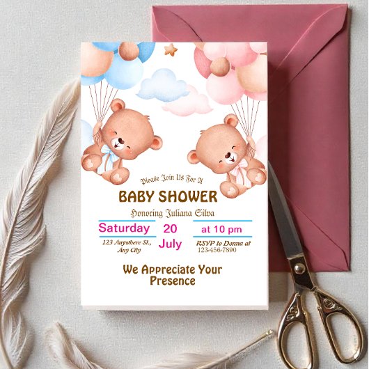 Roze Blauwe Aquarel Cute Baby Shower Uitnodiging