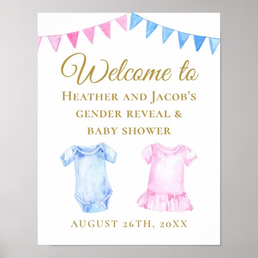Roze blauwe Baby shower onthullen Welkomstteken Poster (Voorkant)