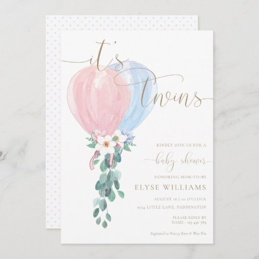 Roze Blauwe Ballon Het is een tweeling Baby shower Kaart (Voorkant / Achterkant)