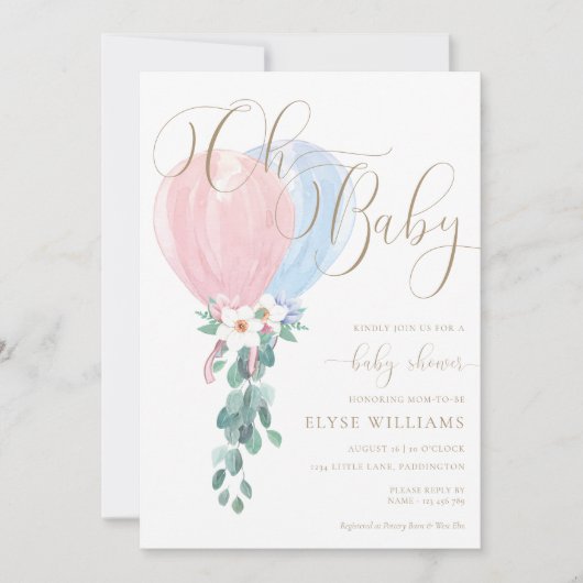 Roze Blauwe Ballon Oh Baby Baby shower Kaart (Voorkant)