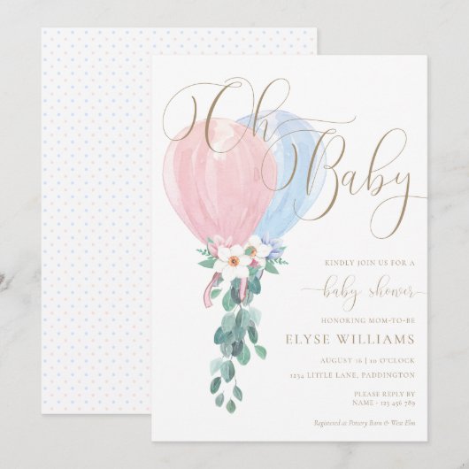 Roze Blauwe Ballon Oh Baby Baby shower Kaart (Voorkant / Achterkant)