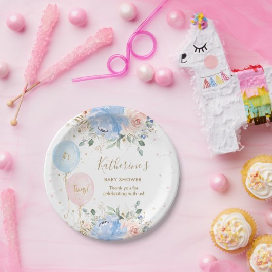 Roze Blauwe Ballonnen Bloemen Het is Twins Baby sh Papieren Bordje (Feest)