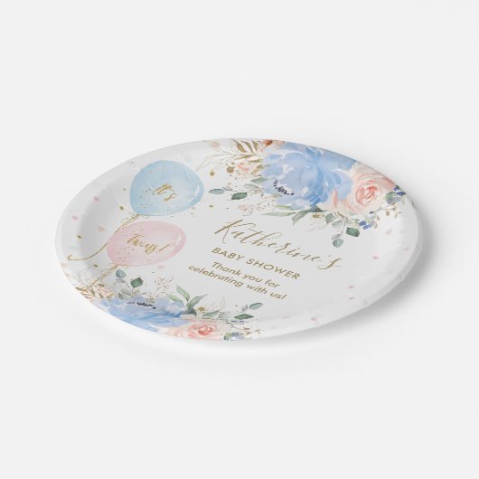 Roze Blauwe Ballonnen Bloemen Het is Twins Baby sh Papieren Bordje (Gekanteld)