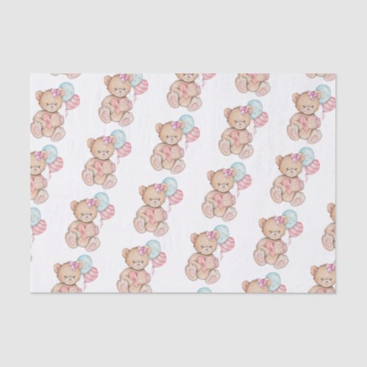Roze & Blauwe Ballonnen & Teddybeer Baby Meisje Tissuepapier (Voorkant)