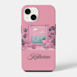 Roze Blauwe Bergzicht Baas Dames Cadeau iPhone 14 Hoesje