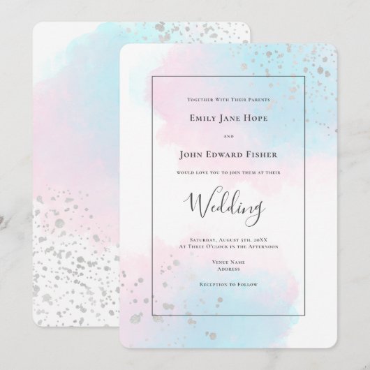 Roze blauwe Blauwgroen Waterverf Silver Confetti W Kaart (Voorkant / Achterkant)