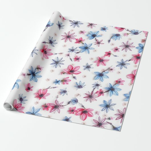 roze blauwe bloem cadeaupapier (Uitgerold)