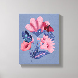 Roze Blauwe Bloem Vlinders Folk Art Canvas Afdruk