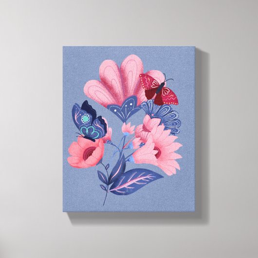 Roze Blauwe Bloem Vlinders Folk Art Canvas Afdruk (Voorkant)