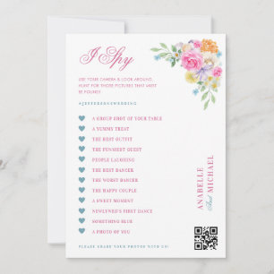 Roze & Blauwe Bloemachtige Bruiloft I Spy Hunt Spe Kaart