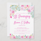 Roze Blauwe Bloemen 1e bruiloft Jubileum Kaart (Voorkant)