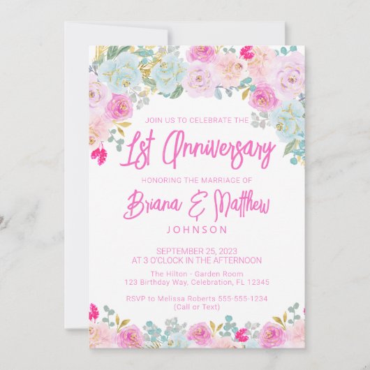 Roze Blauwe Bloemen 1e bruiloft Jubileum Kaart (Voorkant)