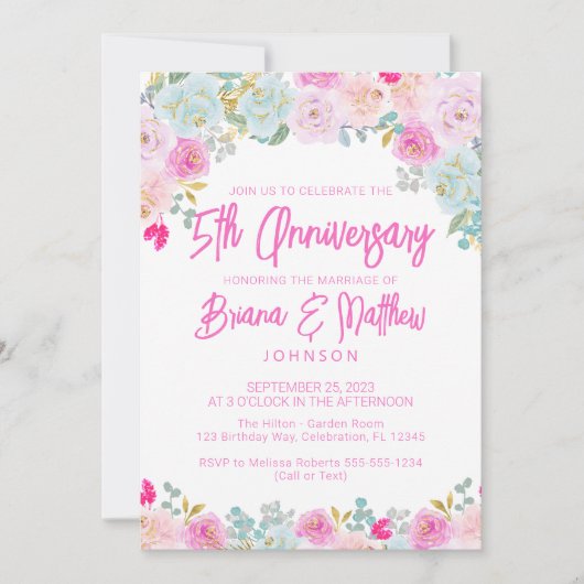 Roze Blauwe Bloemen 5e bruiloft Jubileum Kaart (Voorkant)