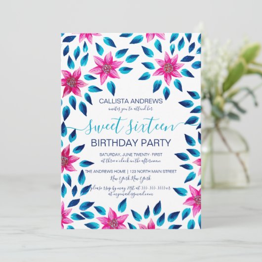 Roze Blauwe Bloemen Bladeren Acrylverf Sweet 16 Kaart