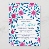 Roze Blauwe Bloemen Bladeren Acrylverf Sweet 16 Kaart