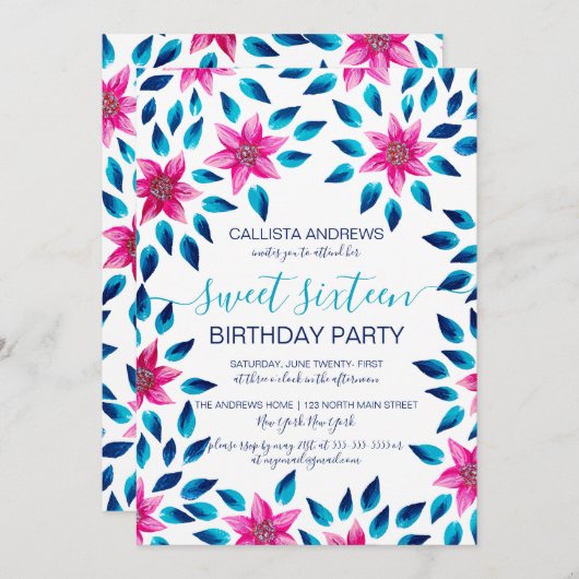Roze Blauwe Bloemen Bladeren Acrylverf Sweet 16 Kaart (Voorkant / Achterkant)